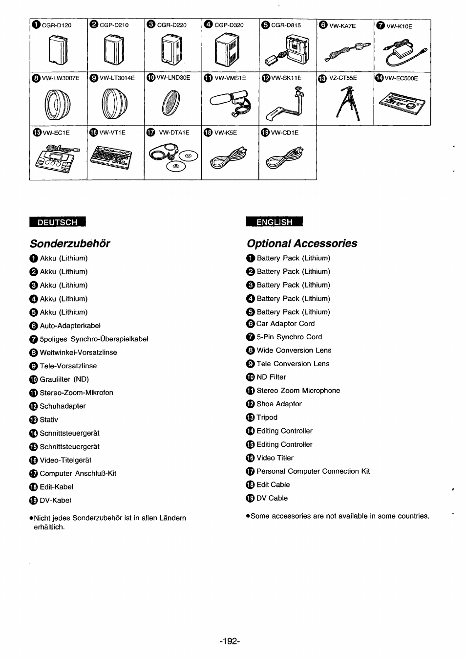 Deutsch, Sonderzubehör, Optional accessories | Panasonic NVDS33EG User Manual | Page 191 / 193