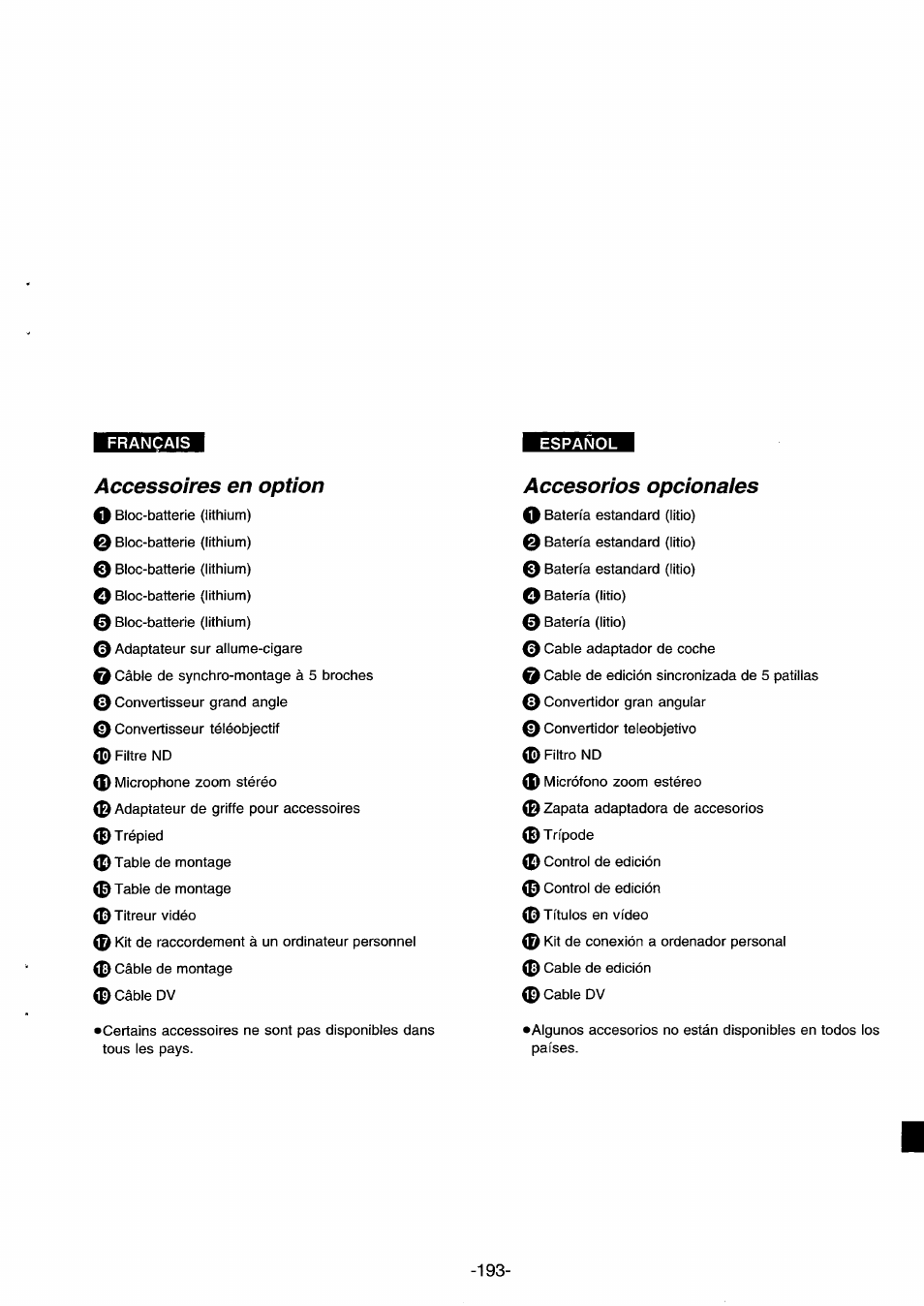 Accessoires en option accesorios opcionaies | Panasonic NVDS33EG User Manual | Page 192 / 193