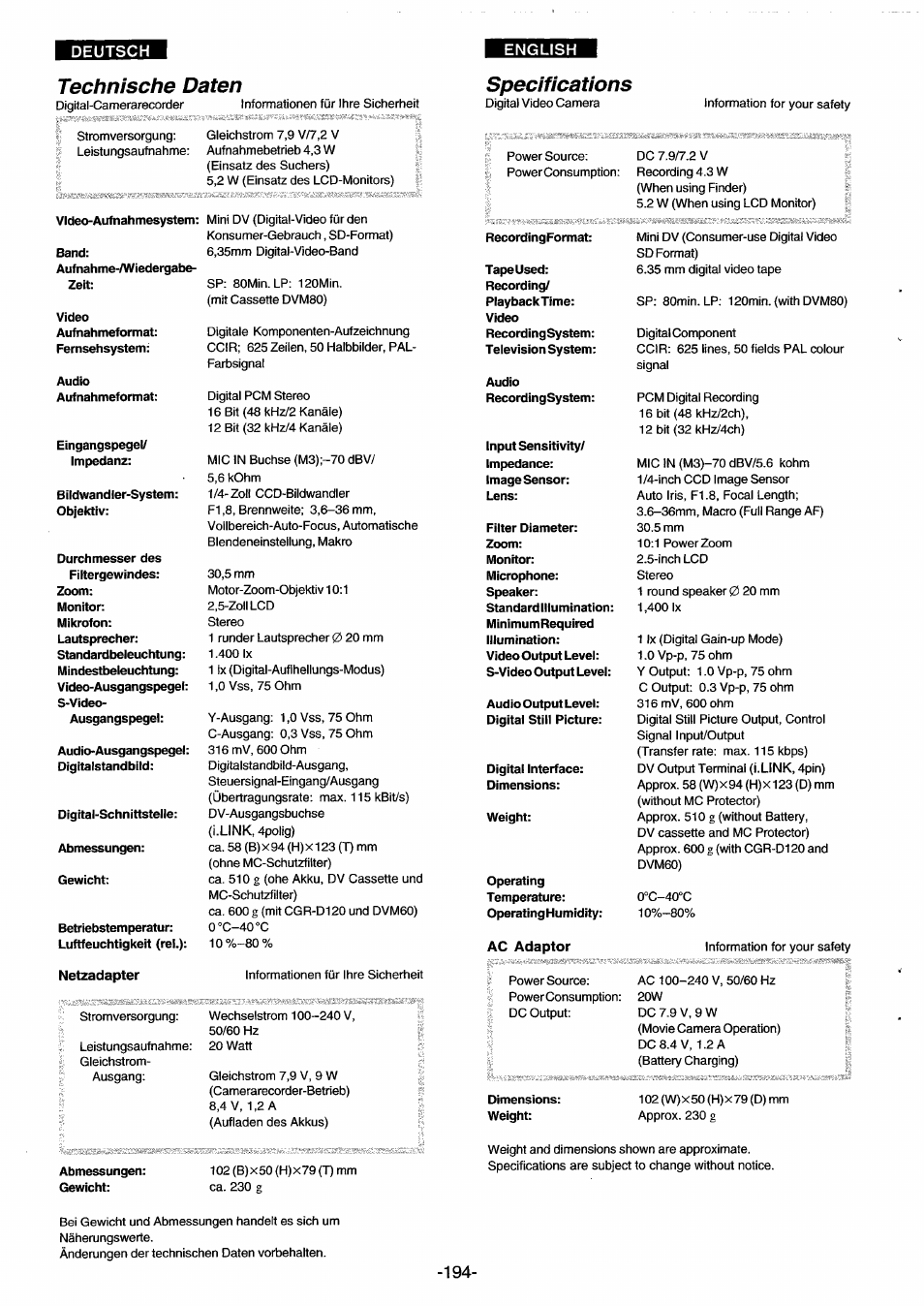 Technische daten, Netzadapter, Specifications | Ac adaptor | Panasonic NVDS33EG User Manual | Page 193 / 193