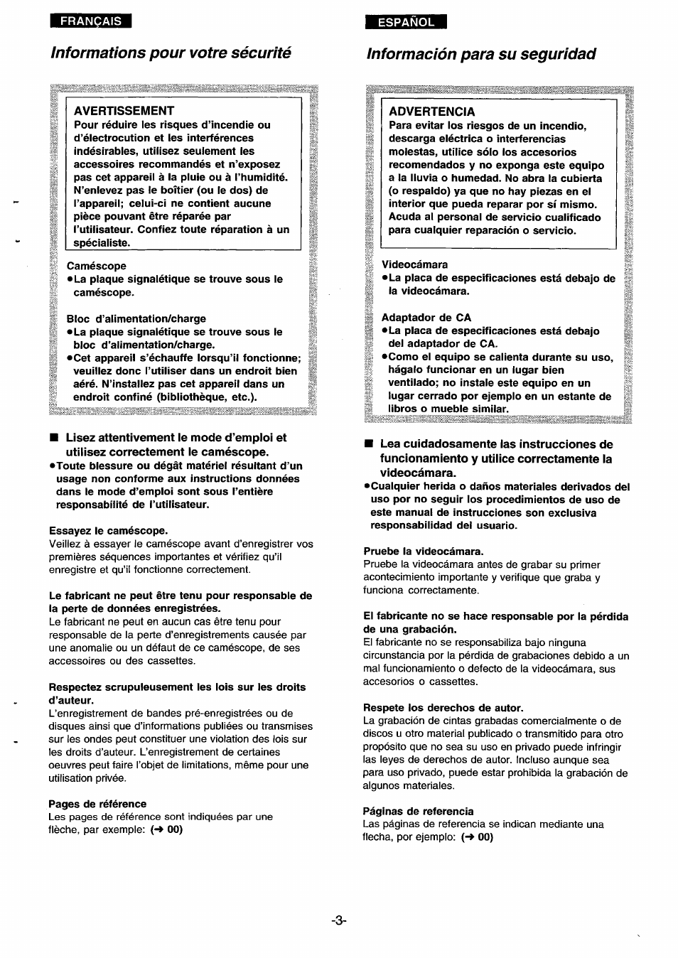 Ênformations pour votre sécurité, Información para su seguridad, Advertencia | Esîhebi | Panasonic NVDS33EG User Manual | Page 2 / 193