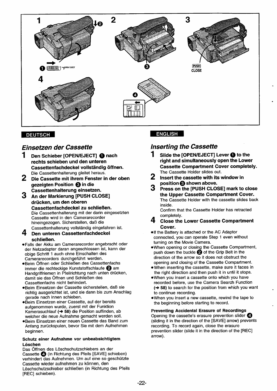 Einsetzen der cassette, Schutz einer aufnahme vor unbeabsichtigtem löschen, Inserting the cassette | Panasonic NVDS33EG User Manual | Page 21 / 193