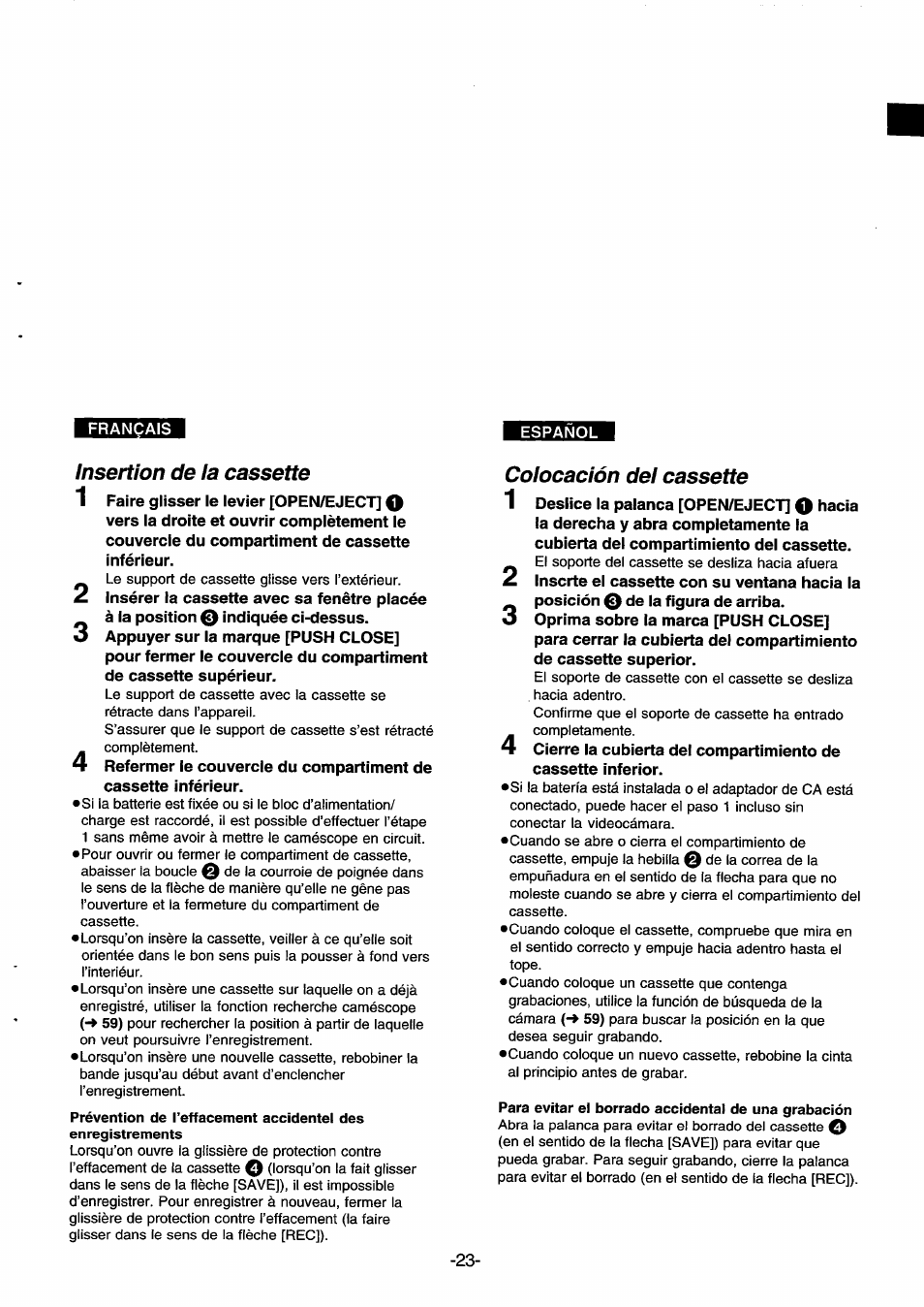 Insertion de la cassette, Colocación del cassette, Para evitar el borrado accidental de una grabación | Panasonic NVDS33EG User Manual | Page 22 / 193
