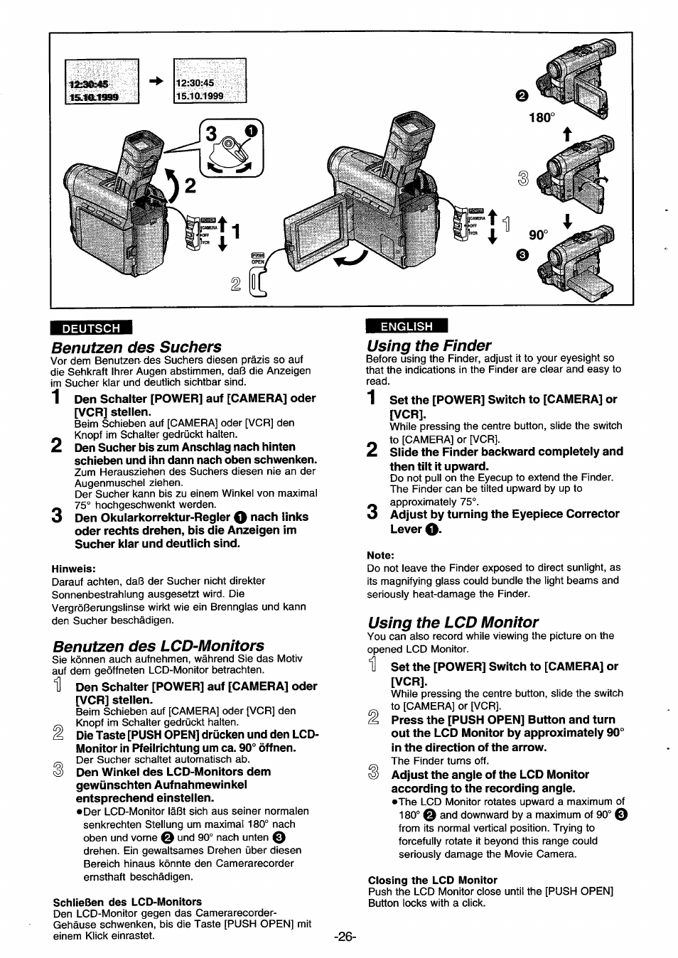 Benutzen des suchers, Hinweis, Benutzen des lcd-monitors | Schließen des lcd-monitors, Using the finder, Note, Using the lcd monitor, Closing the lcd monitor | Panasonic NVDS33EG User Manual | Page 25 / 193