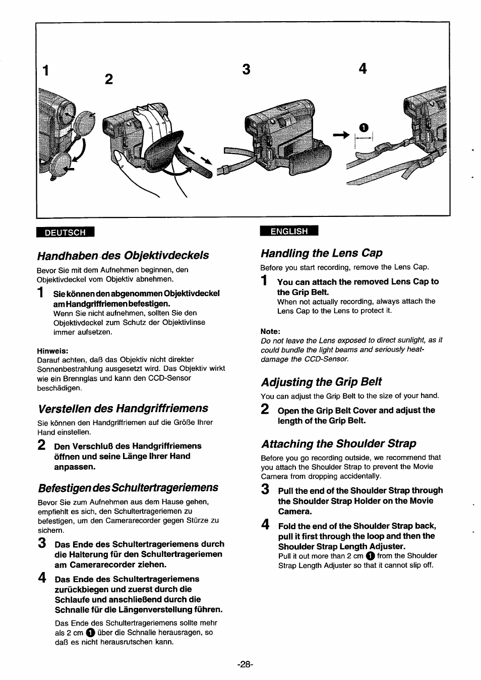 Handhaben des objektivdeckels, Hinweis, Verstellen des handgriffriemens | Befestigen des schultertrageriemens, Handling the lens cap, Note, Adjusting the grip belt, Attaching the shoulder strap | Panasonic NVDS33EG User Manual | Page 27 / 193