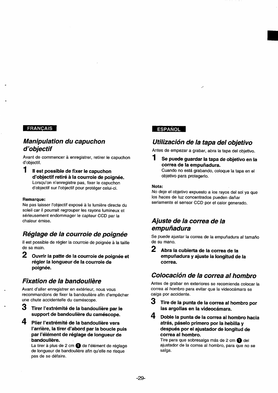 Manipulation du capuchon d’objectif, Remarque, Réglage de la courroie de poignée | Fixation de la bandoulière, Utilización de la tapa del objetivo, Nota, Ajuste de la correa de la empuñadura, Colocación de la correa al hombro | Panasonic NVDS33EG User Manual | Page 28 / 193