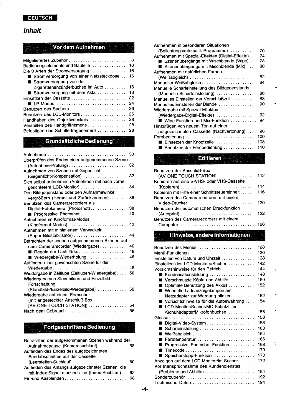 Deutsch, Inhalt | Panasonic NVDS33EG User Manual | Page 3 / 193