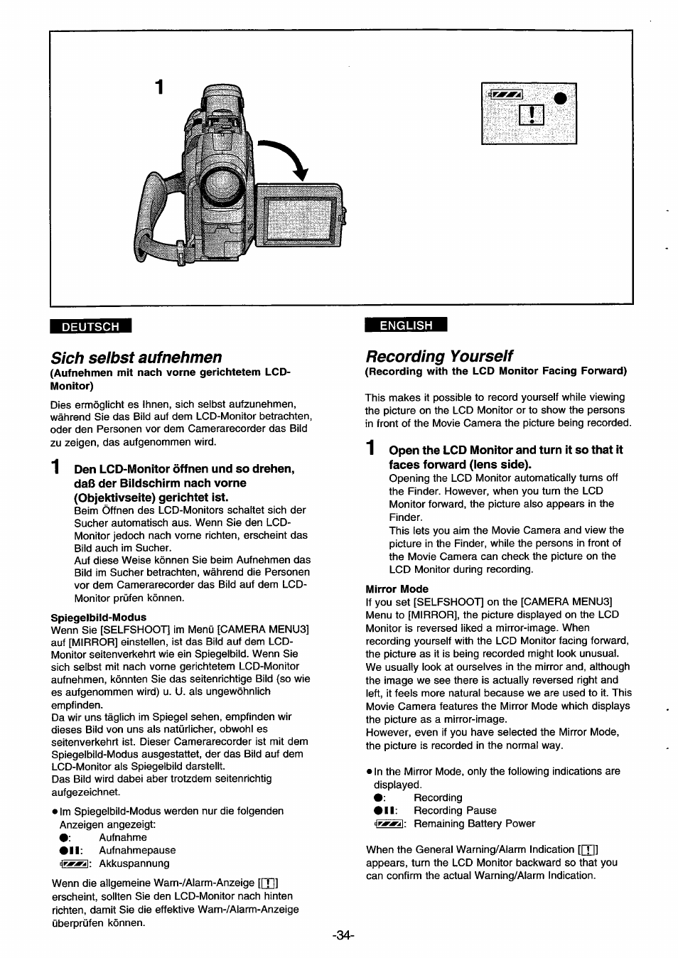 Sich selbst auf nehmen, Recording yourself, Mirror mode | Panasonic NVDS33EG User Manual | Page 33 / 193