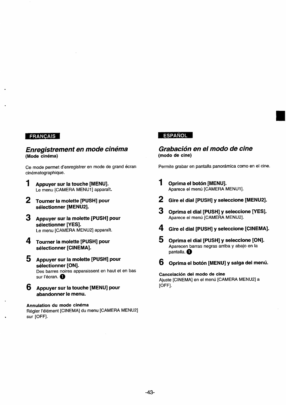 Enregistrement en mode cinéma, Grabación en ei modo de cine | Panasonic NVDS33EG User Manual | Page 42 / 193