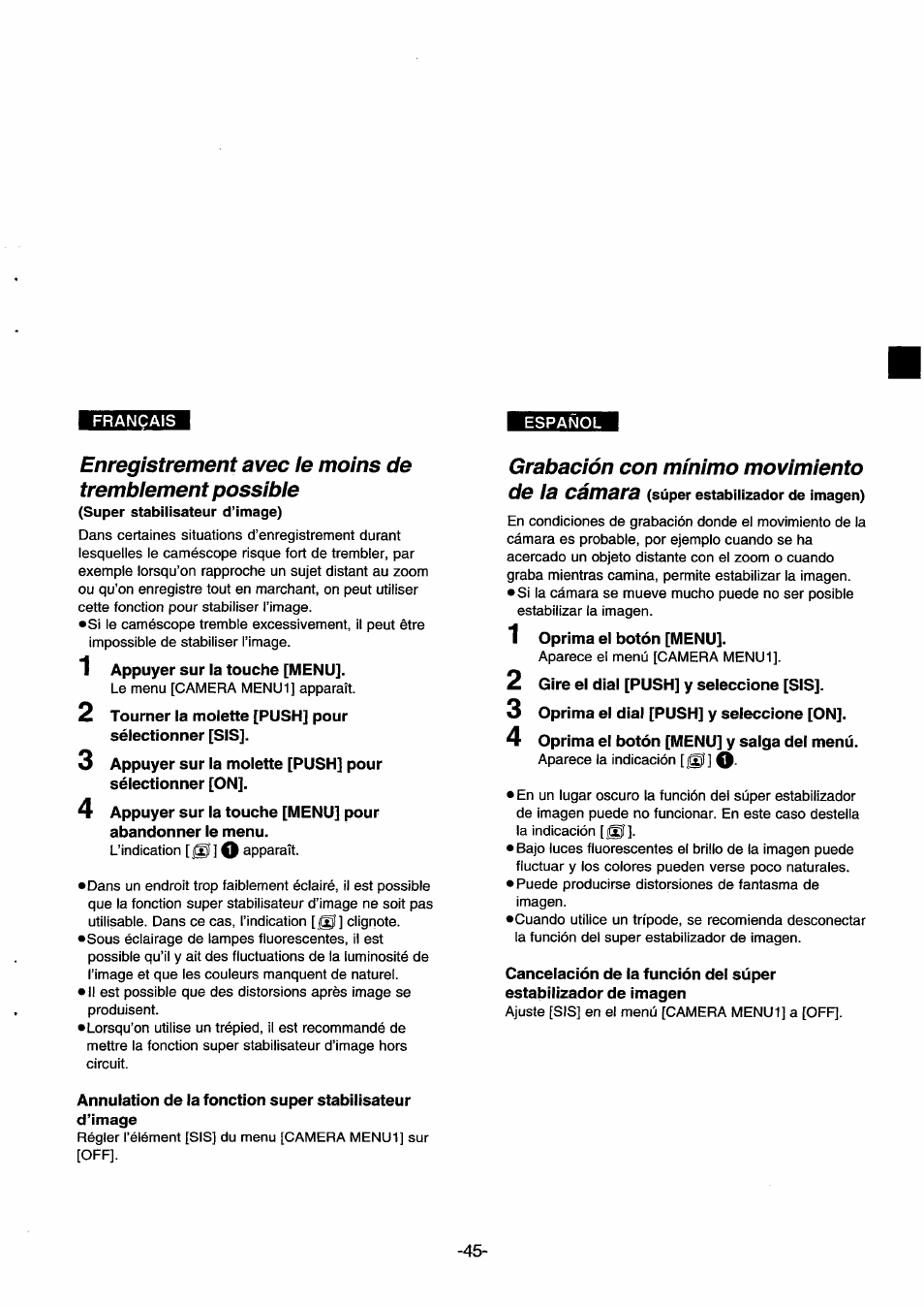 Grabación con mínimo movimiento, Grabación con mínimo movimiento de la cámara | Panasonic NVDS33EG User Manual | Page 44 / 193