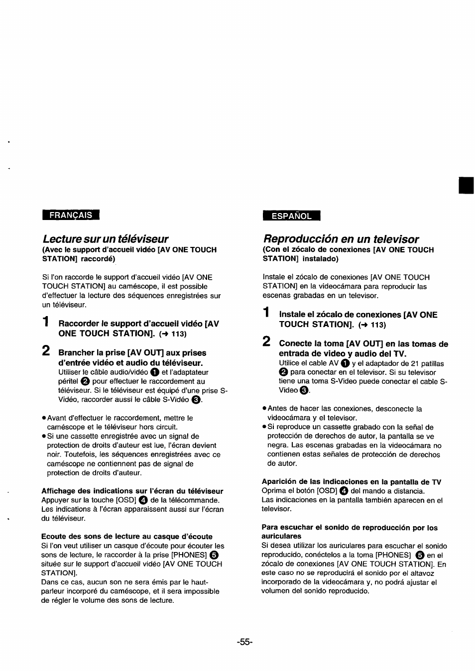 Lecture sur un téléviseur, Ecoute des sons de lecture au casque d’écoute, Reproducción en un televisor | Aparición de las indicaciones en la pantalla de tv | Panasonic NVDS33EG User Manual | Page 54 / 193