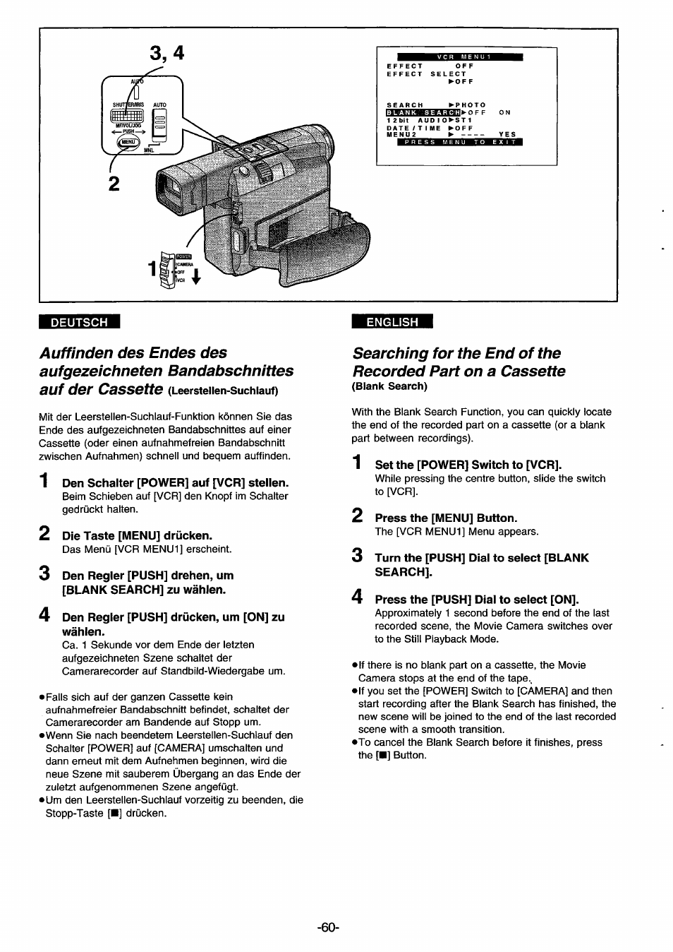 Deutsch, 1 den schalter [power] auf [vcr] stellen, 2 die taste [menu] drücken | 4 den regler [push] drücken, um [on] zu wählen, 1 set the [power] switch to [vcr, 2 press the [menu] button, 3 turn the [push] dial to select [blank search, 4 press the [push] dial to select [on | Panasonic NVDS33EG User Manual | Page 59 / 193