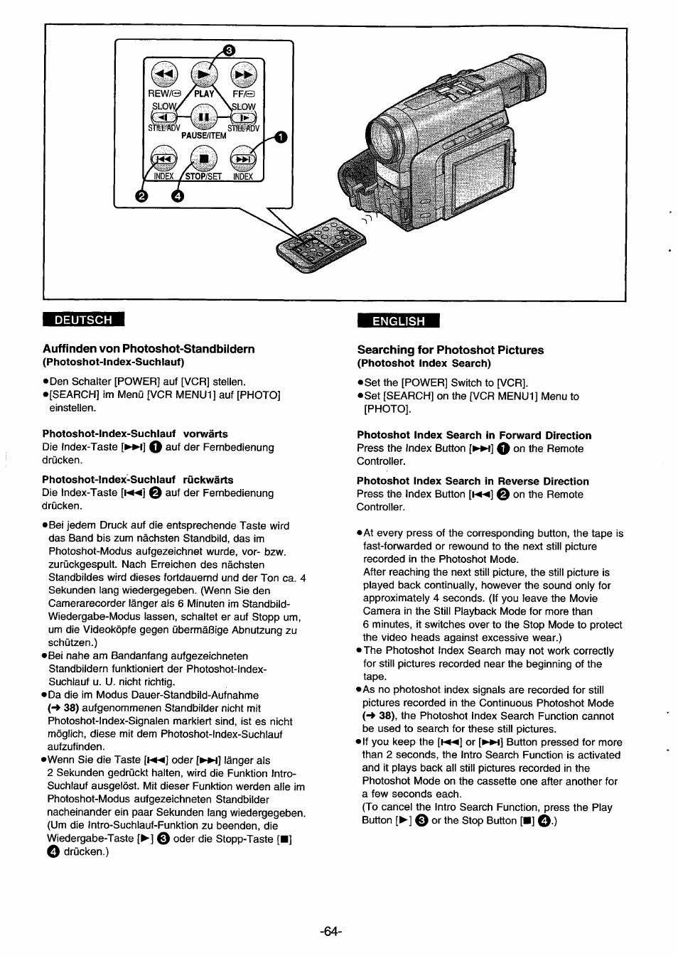 Deutsch, Auffinden von photoshot-standbildern, Photoshot-index-suchlauf vorwärts | Photoshot-index-suchlauf rückwärts, Searching for photoshot pictures, Photoshot index search in forward direction, Photoshot index search in reverse direction | Panasonic NVDS33EG User Manual | Page 63 / 193