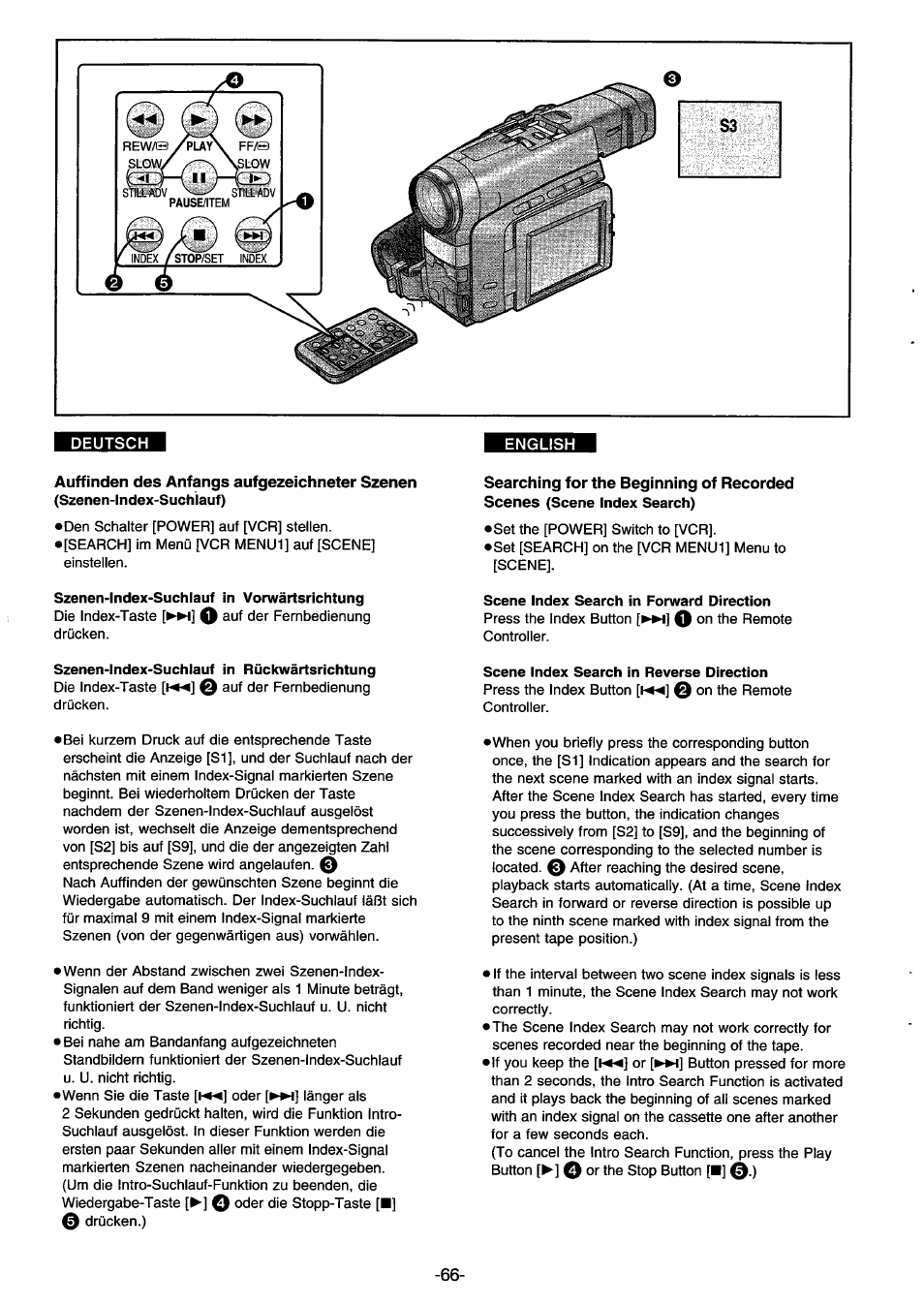 Deutsch, Szenen-index-suchlauf in vorwärtsrichtung, Scene index search in forward direction | Szenen-index-suchlauf in rückwärtsrichtung, Scene index search in reverse direction | Panasonic NVDS33EG User Manual | Page 65 / 193