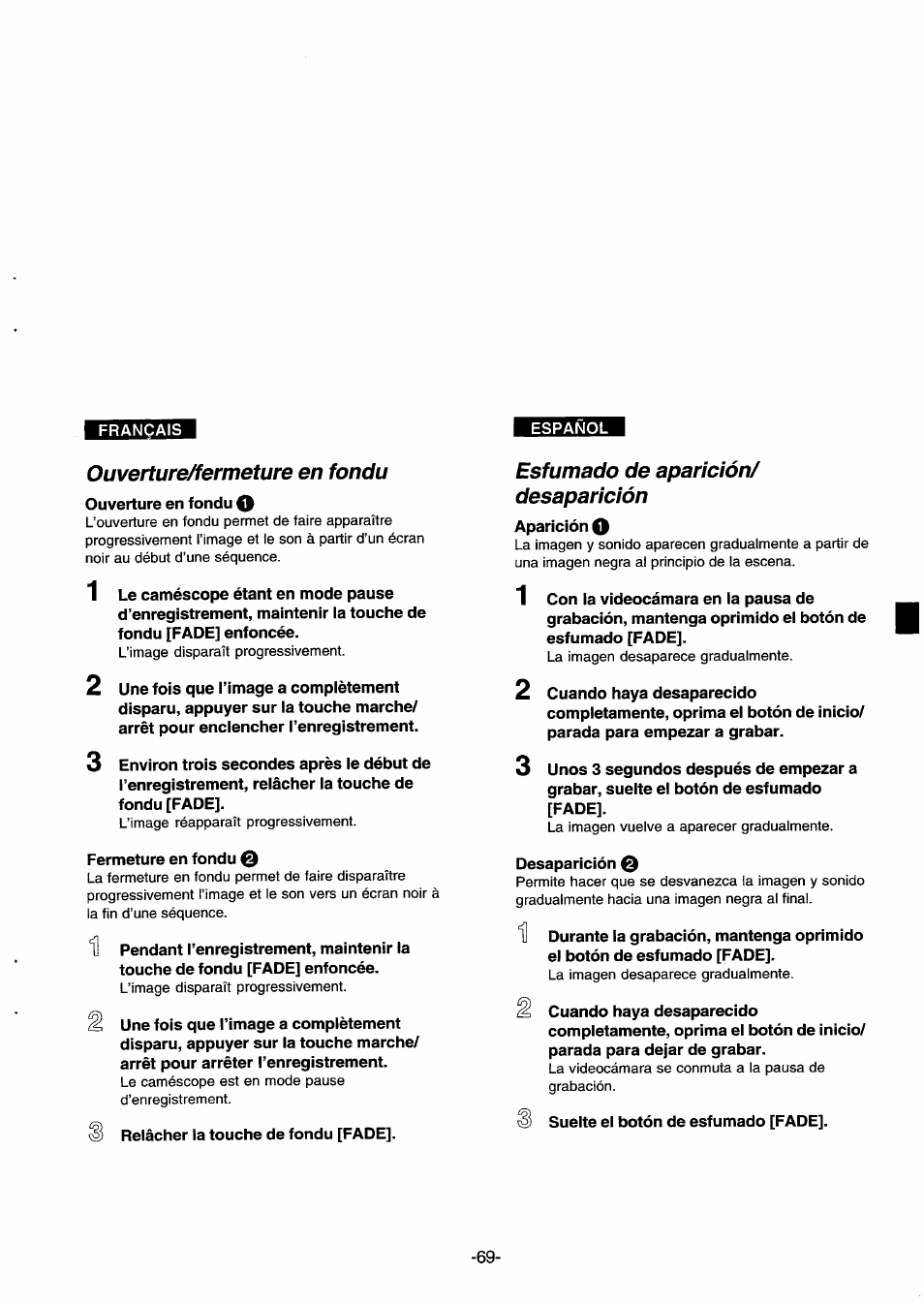 Ouverture/fermeture en fondu, Esfumado de aparición/ desaparición, Esfumado de aparición/desaparición | Panasonic NVDS33EG User Manual | Page 68 / 193