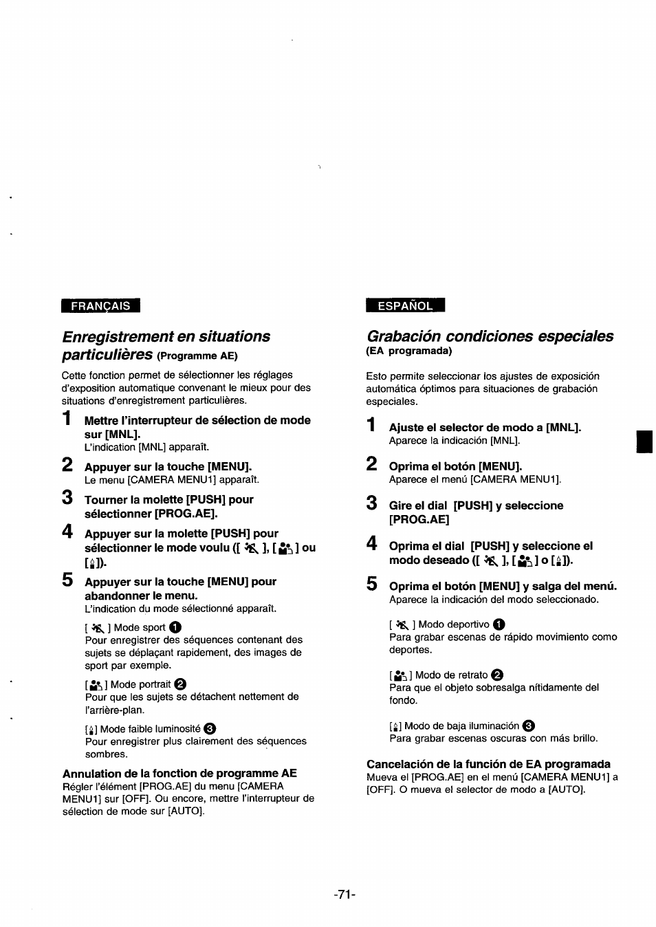 Enregistrement en situations, Enregistrement en situations particuiières, Grabación condiciones especiaies | Panasonic NVDS33EG User Manual | Page 70 / 193