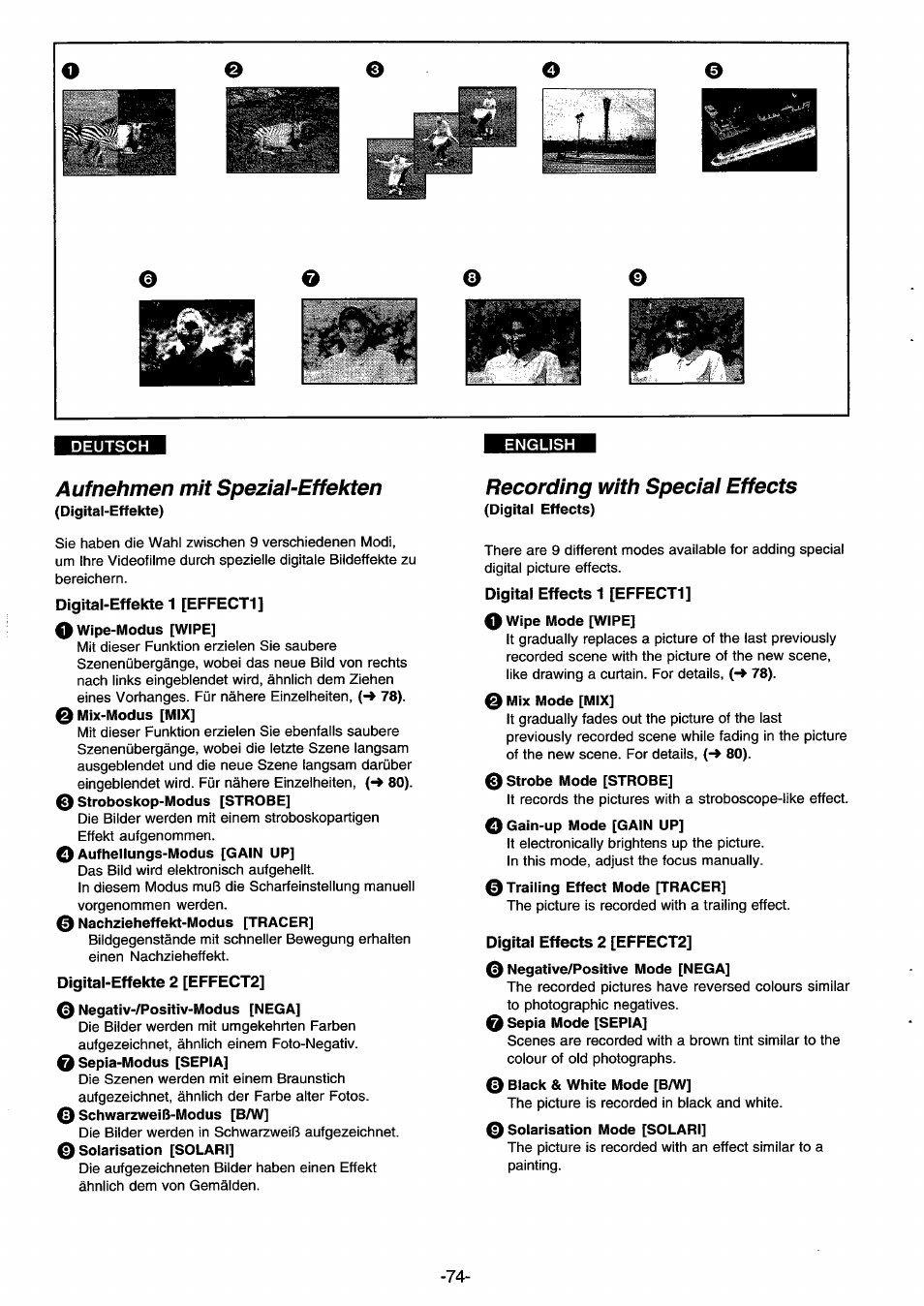 Auf nehmen mit spezial-effekten, Digital-effekte 1 [effect1, 0 wipe-modus [wipe | 0 aufhellungs-modus [gain up, 0 nachzieheffekt-modus [tracer, Digital-effekte 2 [effect2, 0 negativ-/positiv-modus [nega, 0 sepia-modus [sepia, 0 schwarzweiß-modus [b/w, 0 solarisation [solari | Panasonic NVDS33EG User Manual | Page 73 / 193