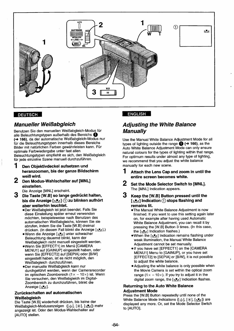 Manueller weißabglelch, Adjusting the white balance manually, Manueller weißabgleich | Panasonic NVDS33EG User Manual | Page 83 / 193
