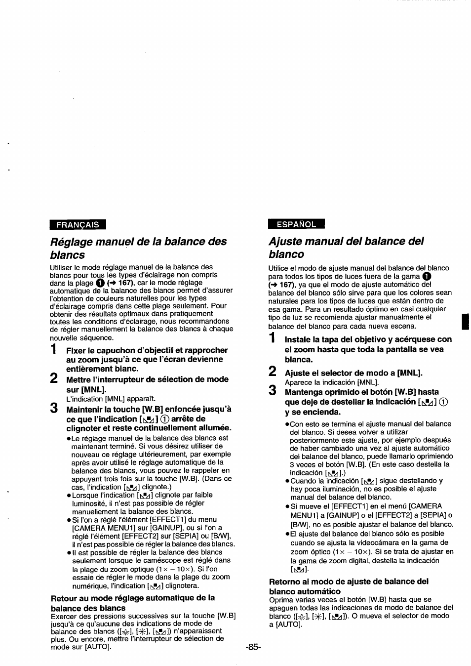 Réglage manuel de la balance des blancs, Ajuste manual del balance del blanco | Panasonic NVDS33EG User Manual | Page 84 / 193