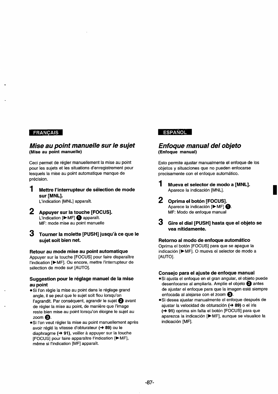 Mise au point manueiie sur ie sujet, 2 appuyer sur la touche [focus, Retour au mode mise au point automatique | Enfoque manuai dei objeto, 1 mueva el selector de modo a [mnl, 2 oprima el botón [focus, Retorno ai modo de enfoque automático, Consejo para el ajuste de enfoque manual | Panasonic NVDS33EG User Manual | Page 86 / 193