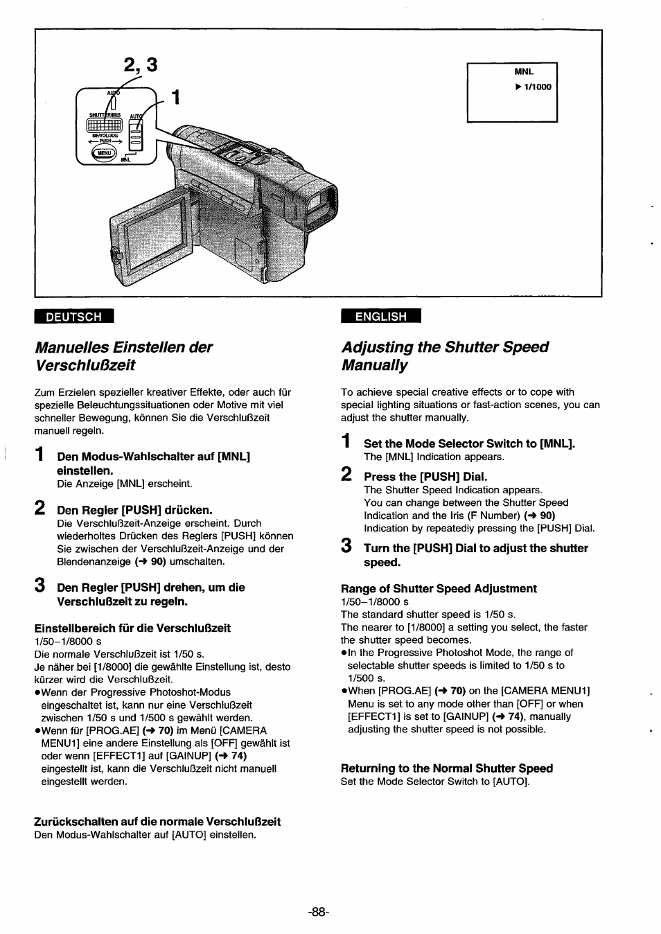 Manuelles einstellen der verschlußzeit, 1 den modus-wahlschalter auf [mnl] einstellen, 2 den regier [push] drücken | Einstellbereich für die verschlußzeit, Adjusting the shutter speed manually, 1 set the mode selector switch to [mnl, 2 press the [push] dial, 3 turn the [push] dial to adjust the shutter speed, Range of shutter speed adjustment, Returning to the normal shutter speed | Panasonic NVDS33EG User Manual | Page 87 / 193