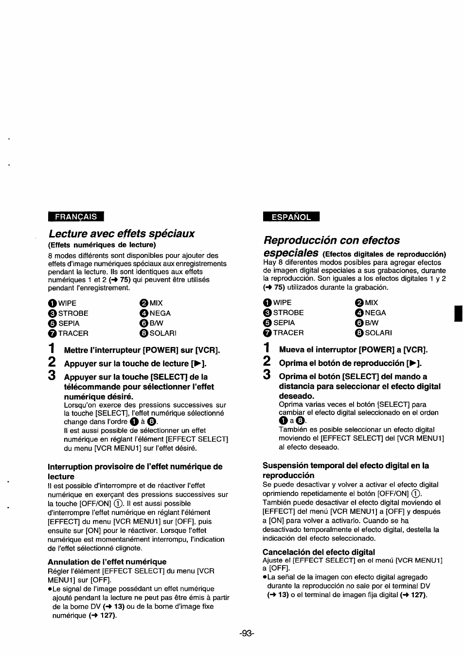 Lecture avec effets spéciaux, Reproducción con efectos, Especiaies | B a n | Panasonic NVDS33EG User Manual | Page 92 / 193