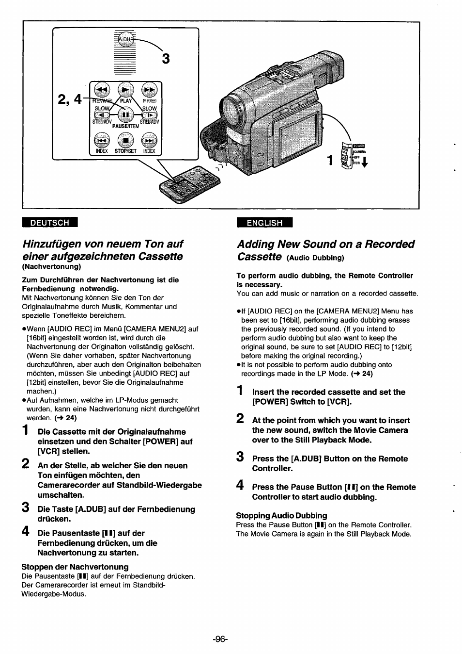 Adding new sound on a recorded, To perform audio dubbing, the remote controller | Panasonic NVDS33EG User Manual | Page 95 / 193