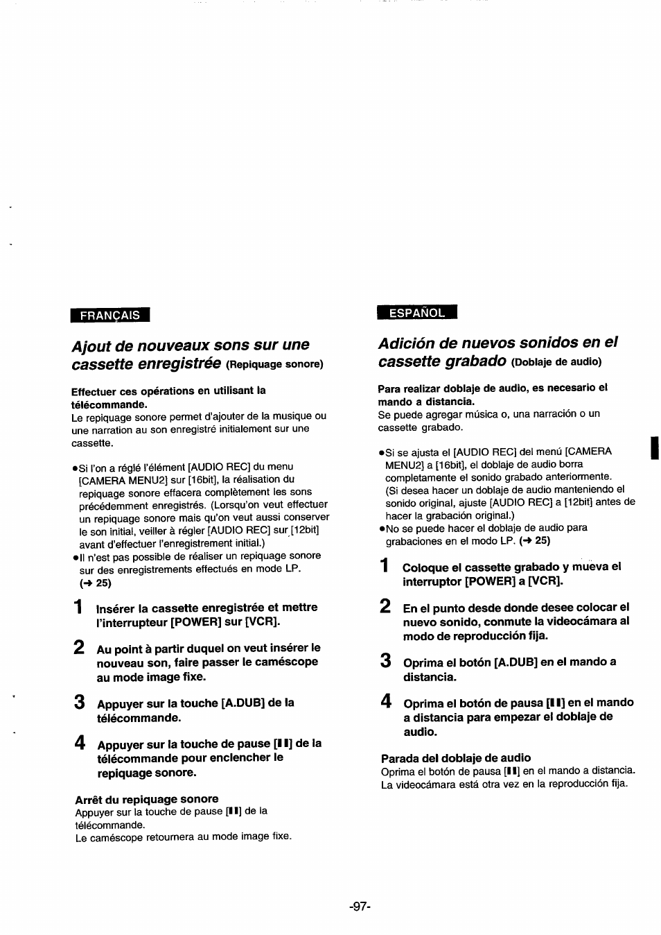 Adición de nuevos sonidos en el, Para realizar doblaje de audio, es necesario el, Adición de nuevos sonidos en el cassette grabado | Panasonic NVDS33EG User Manual | Page 96 / 193