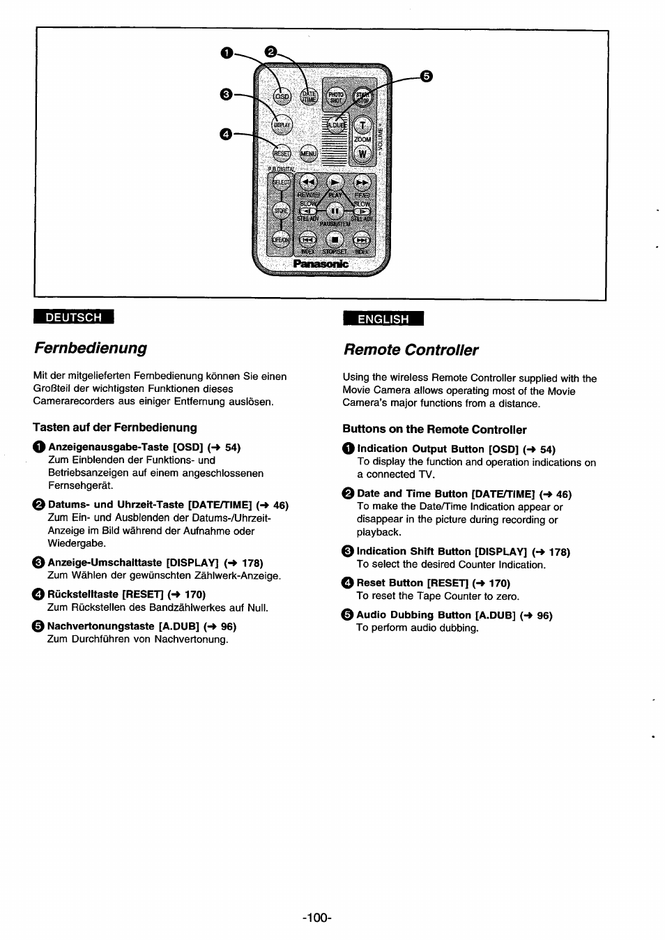 Deutsch, Fernbedienung, Tasten auf der fernbedienung | 0 datums- und uhrzeit-taste [date/time] 46), 0 anzeige-umschalttaste [display] (-» 178), 0 nachvertonungstaste [a.dub] (-4 96), Remote controller, Buttons on the remote controller, 0 date and time button [date/time] {-* 46), 0 indication shift button [display] (•» 178) | Panasonic NVDS33EG User Manual | Page 99 / 193