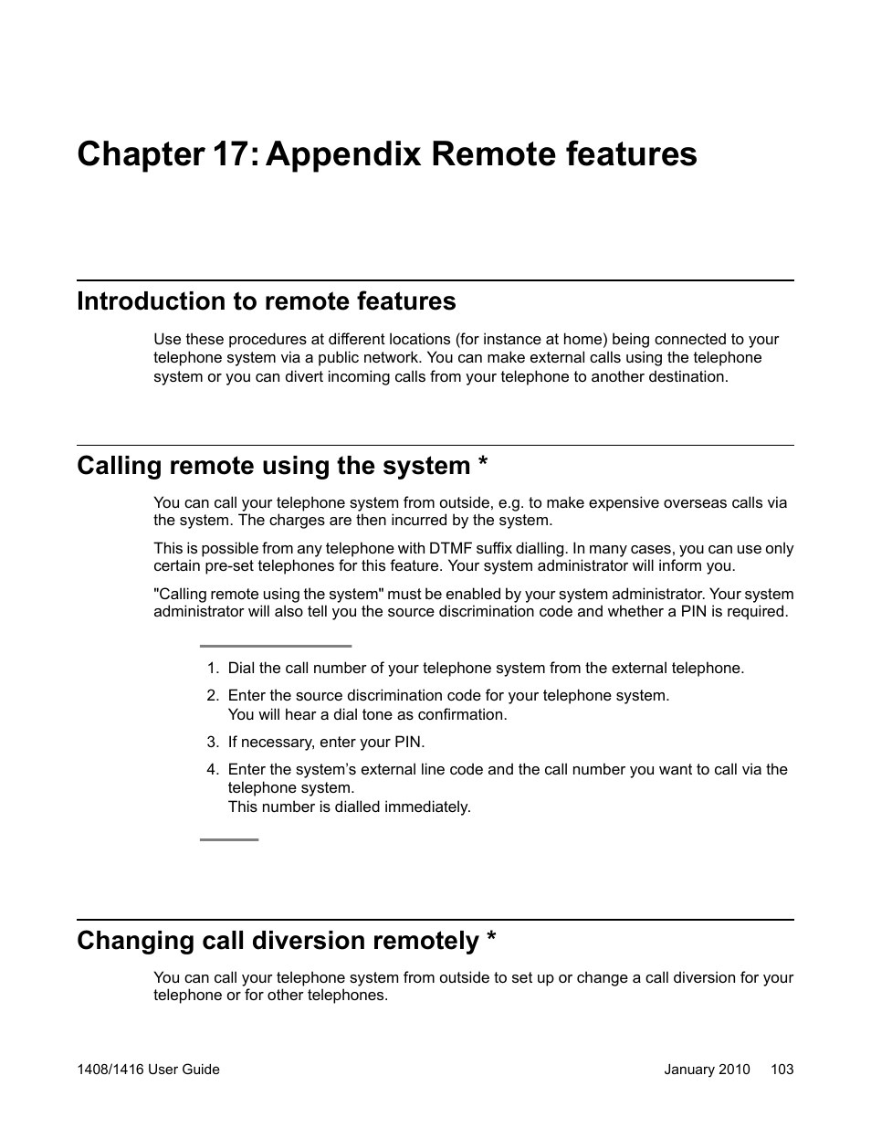Chapter 17: appendix remote features, Introduction to remote features, Calling remote using the system | Changing call diversion remotely | Avaya 16-603463 User Manual | Page 103 / 118