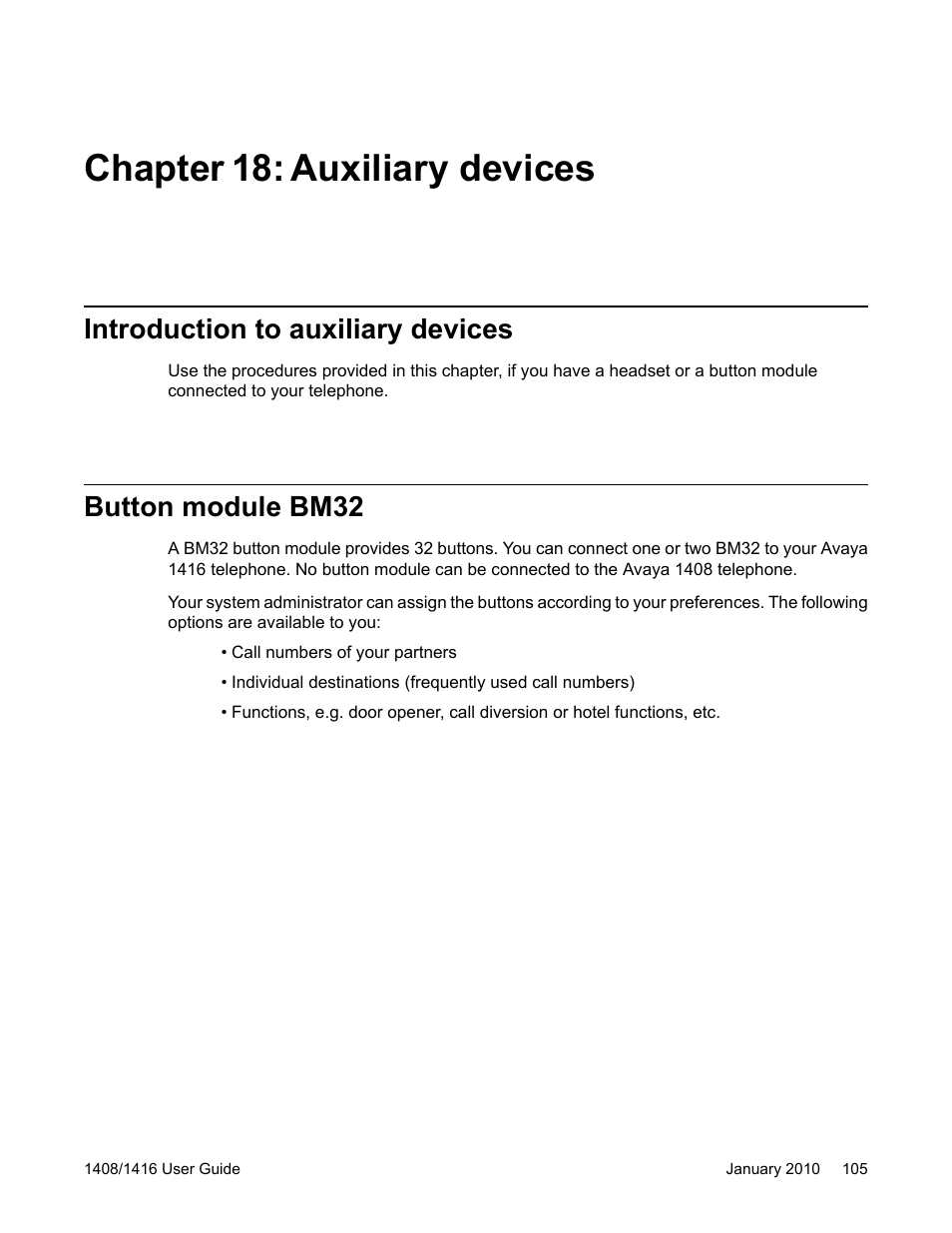 Chapter 18: auxiliary devices, Introduction to auxiliary devices, Button module bm32 | Avaya 16-603463 User Manual | Page 105 / 118