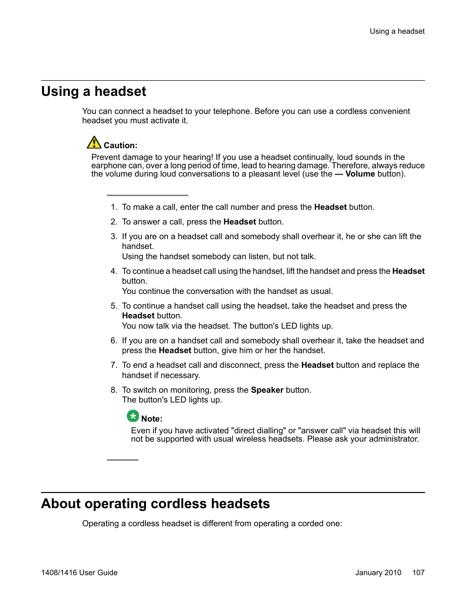 Using a headset, About operating cordless headsets, Using a headset about operating cordless headsets | Avaya 16-603463 User Manual | Page 107 / 118