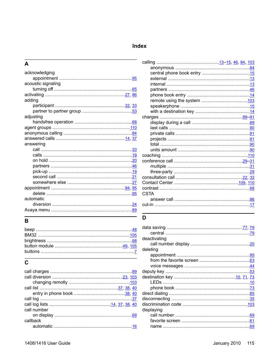 Index | Avaya 16-603463 User Manual | Page 115 / 118