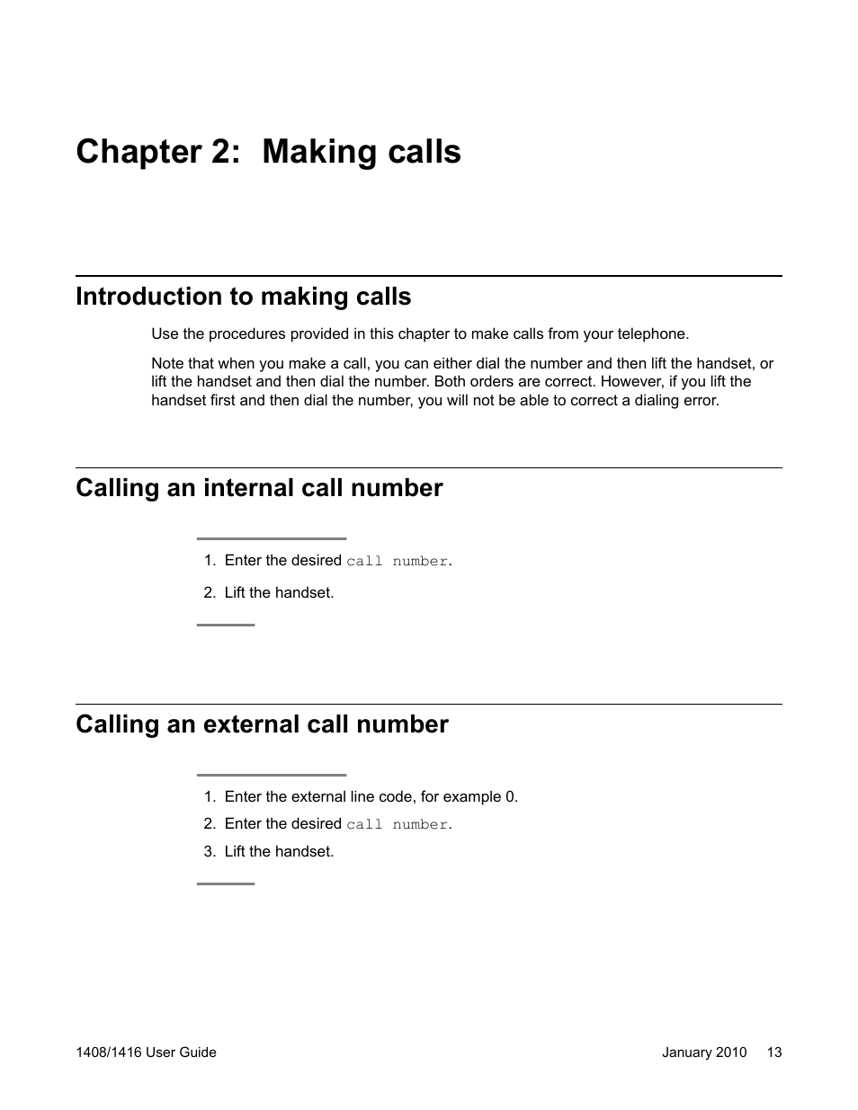 Chapter 2: making calls, Introduction to making calls, Calling an internal call number | Calling an external call number | Avaya 16-603463 User Manual | Page 13 / 118