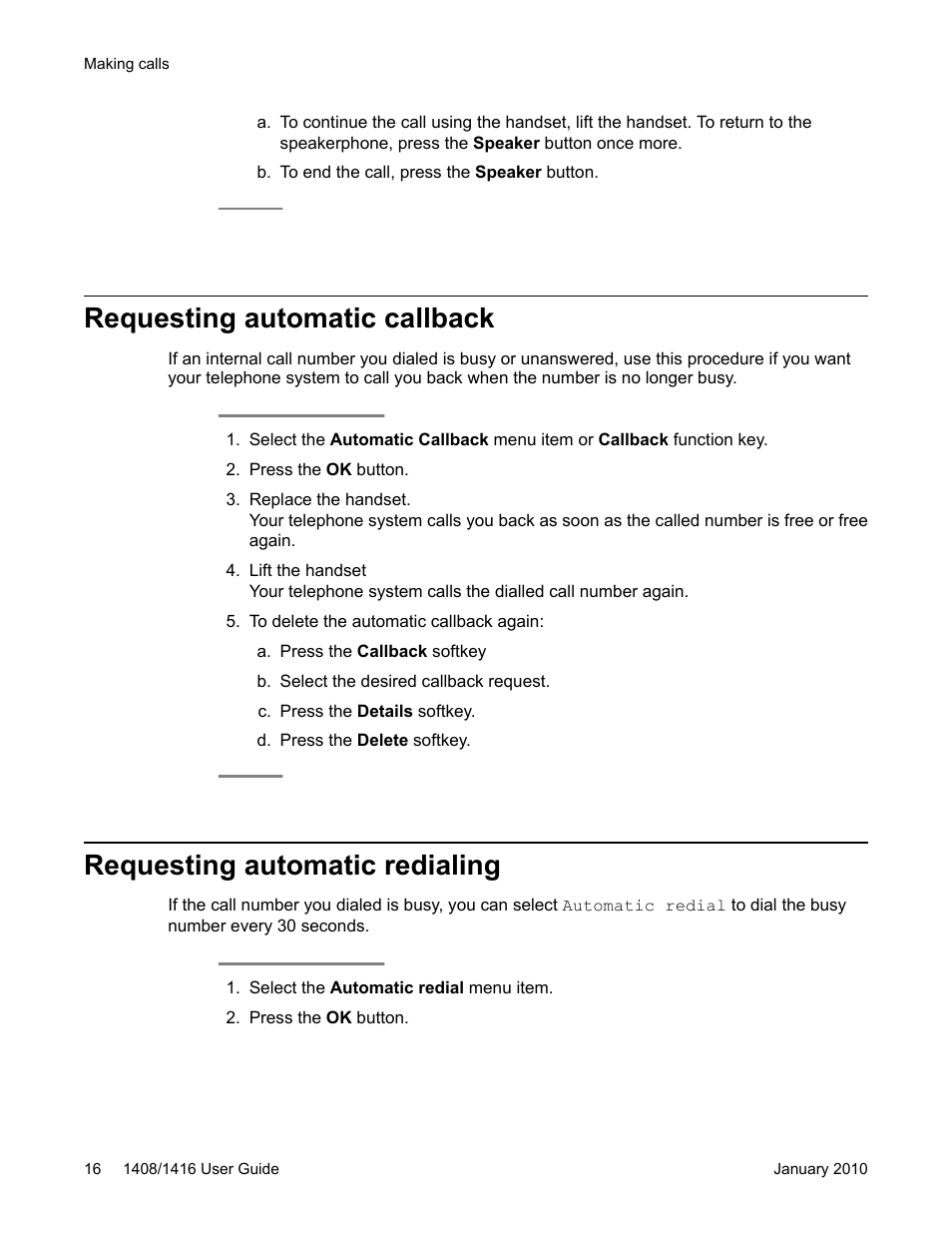 Requesting automatic callback, Requesting automatic redialing | Avaya 16-603463 User Manual | Page 16 / 118