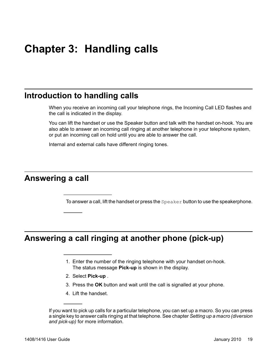 Chapter 3: handling calls, Introduction to handling calls, Answering a call | Avaya 16-603463 User Manual | Page 19 / 118