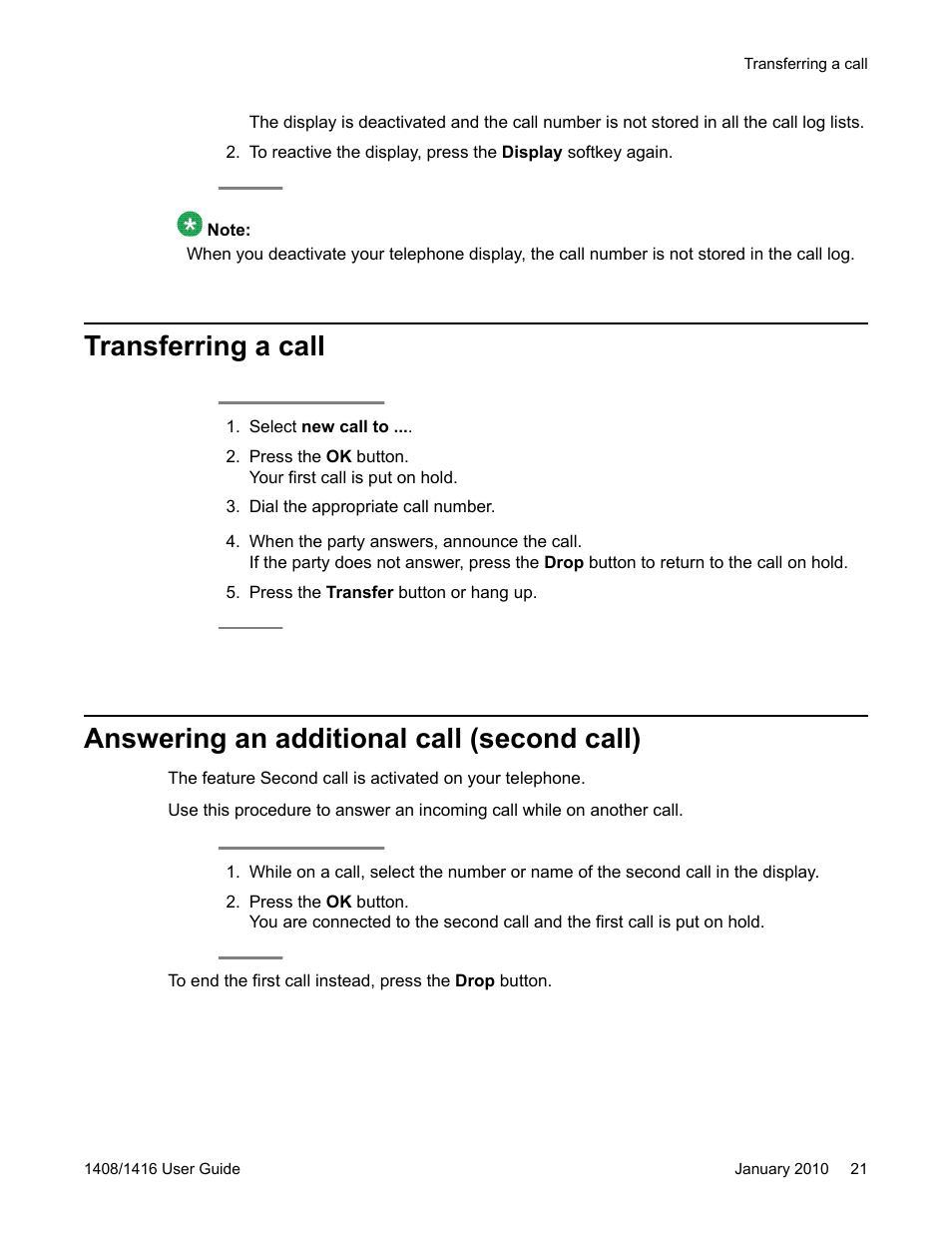 Transferring a call, Answering an additional call (second call) | Avaya 16-603463 User Manual | Page 21 / 118