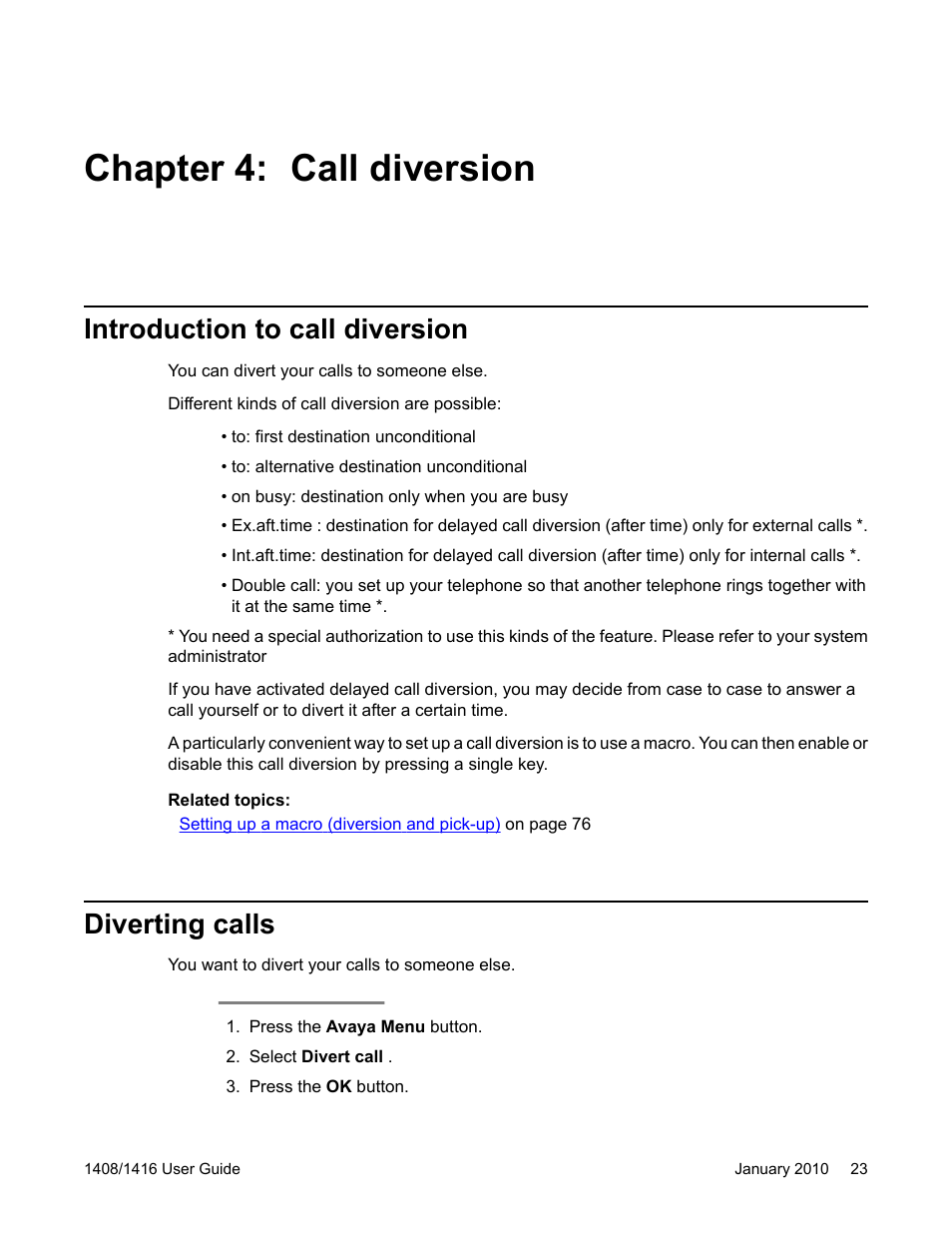 Chapter 4: call diversion, Introduction to call diversion, Diverting calls | Introduction to call diversion diverting calls | Avaya 16-603463 User Manual | Page 23 / 118