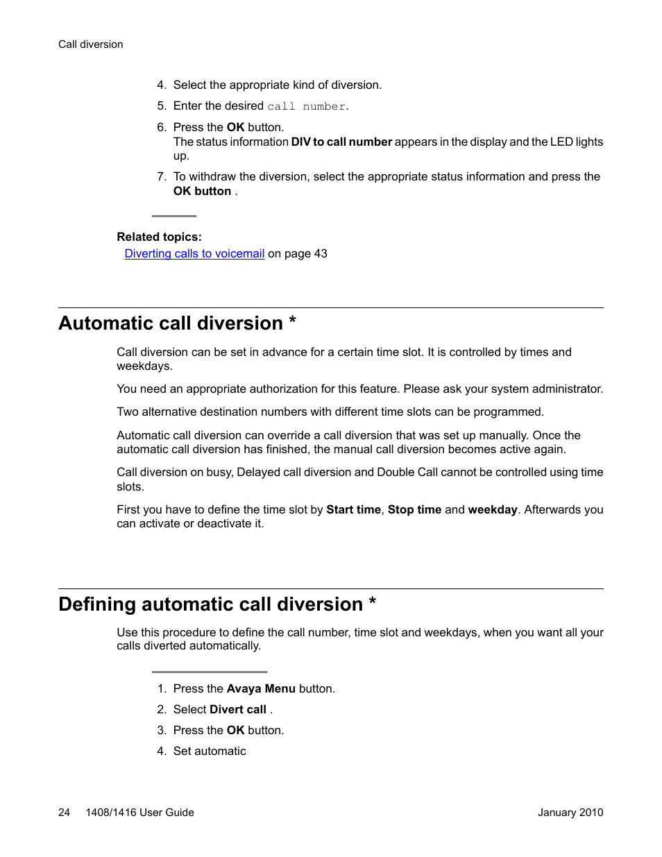 Automatic call diversion, Defining automatic call diversion | Avaya 16-603463 User Manual | Page 24 / 118