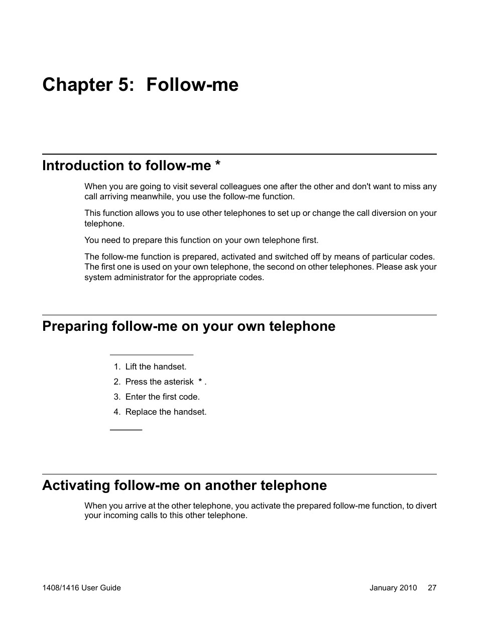 Chapter 5: follow-me, Introduction to follow-me, Preparing follow-me on your own telephone | Activating follow-me on another telephone | Avaya 16-603463 User Manual | Page 27 / 118