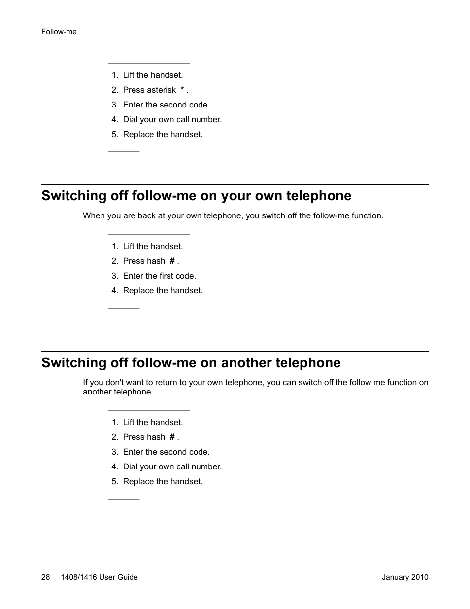 Switching off follow-me on your own telephone, Switching off follow-me on another telephone | Avaya 16-603463 User Manual | Page 28 / 118