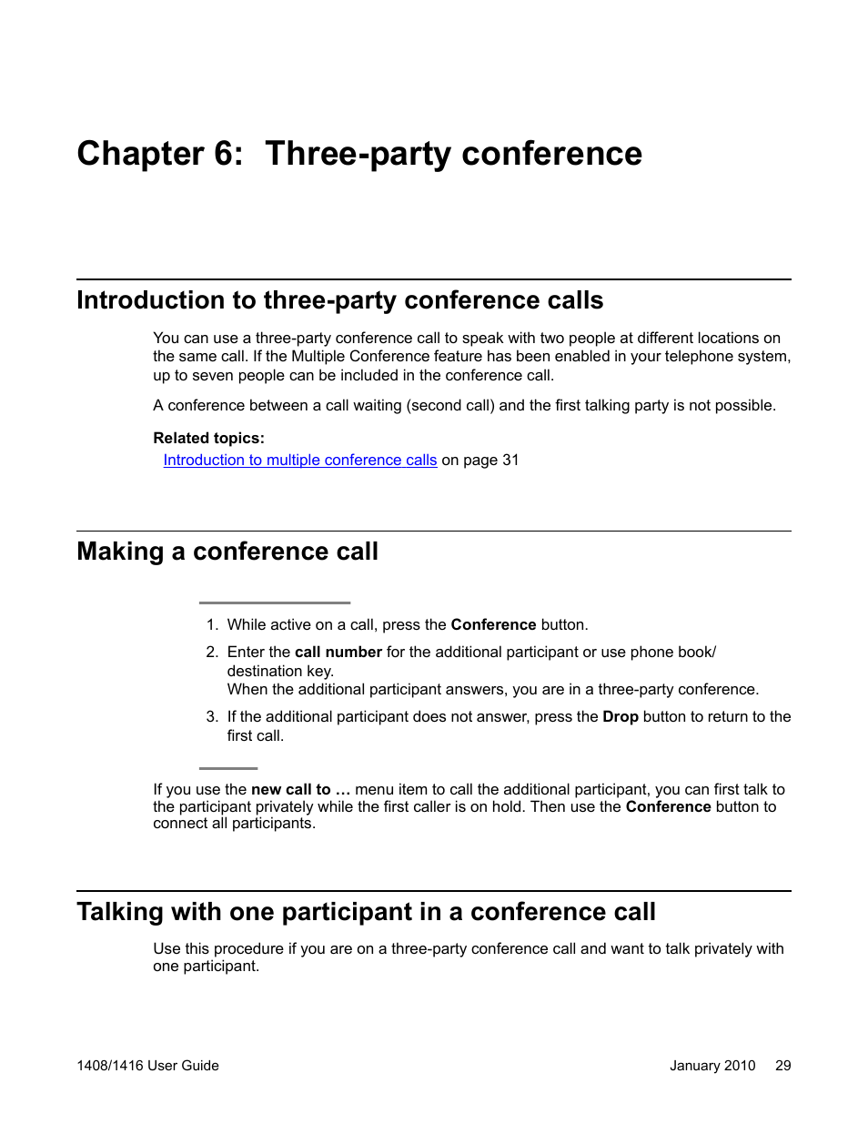 Chapter 6: three-party conference, Introduction to three-party conference calls, Making a conference call | Talking with one participant in a conference call | Avaya 16-603463 User Manual | Page 29 / 118