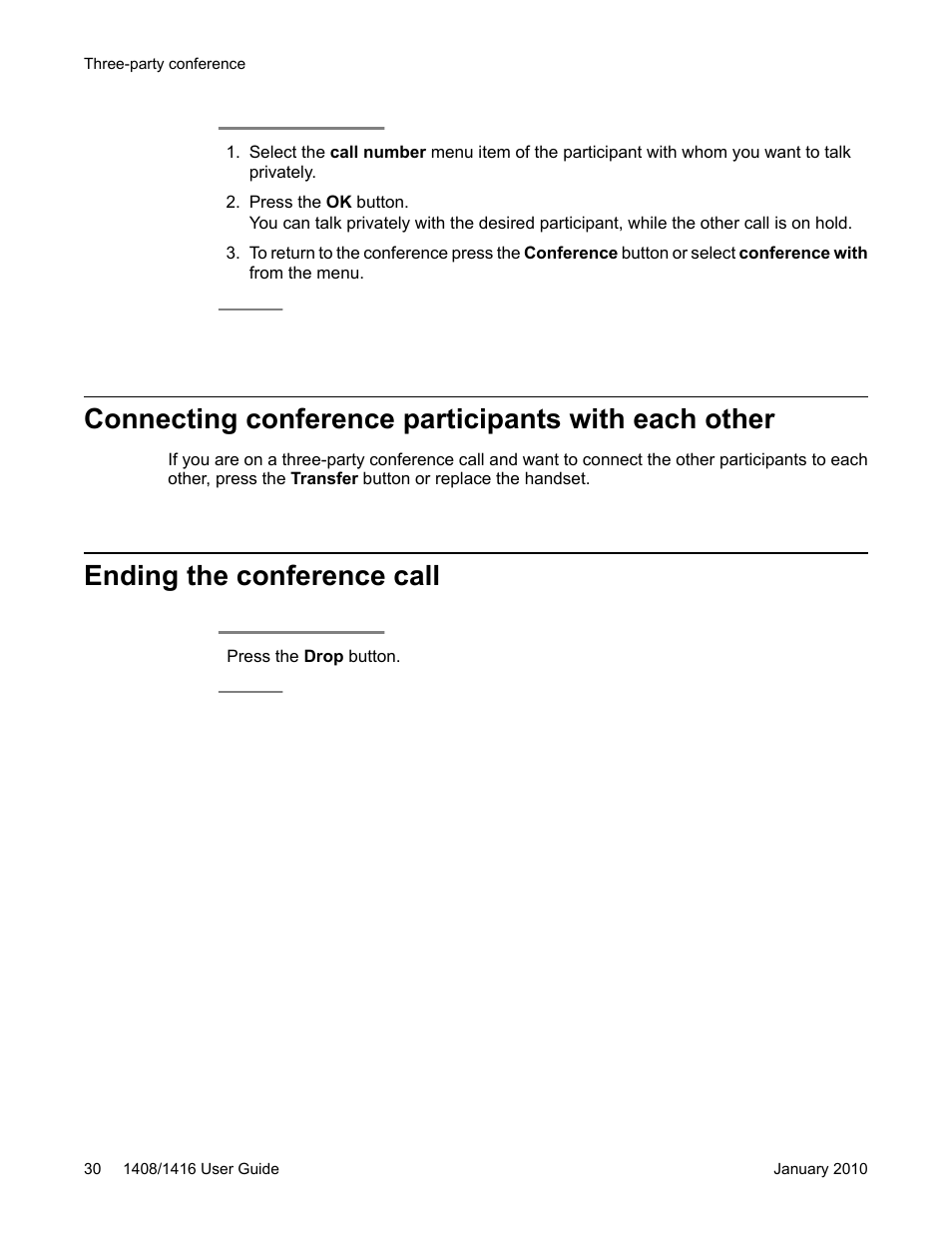 Connecting conference participants with each other, Ending the conference call | Avaya 16-603463 User Manual | Page 30 / 118