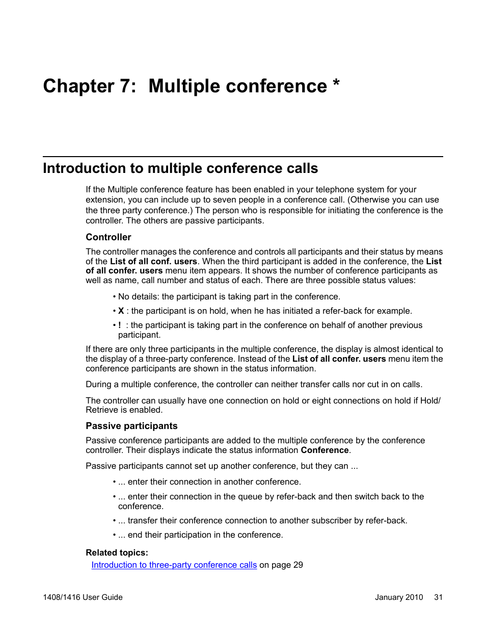 Chapter 7: multiple conference, Introduction to multiple conference calls | Avaya 16-603463 User Manual | Page 31 / 118