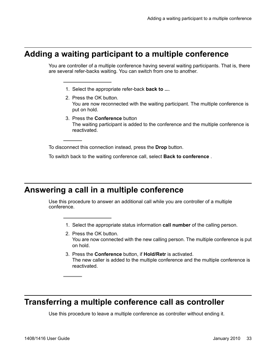 Answering a call in a multiple conference | Avaya 16-603463 User Manual | Page 33 / 118