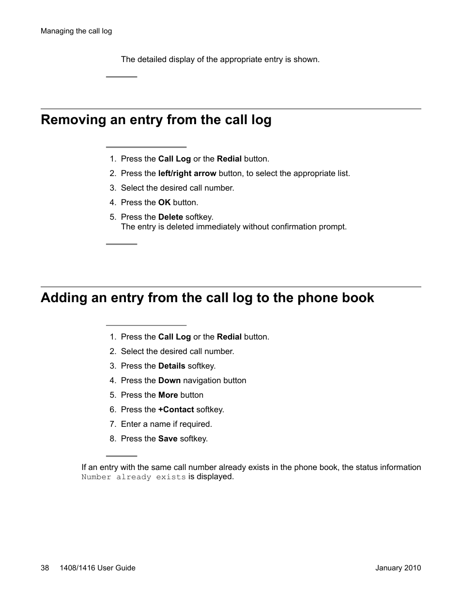 Removing an entry from the call log | Avaya 16-603463 User Manual | Page 38 / 118