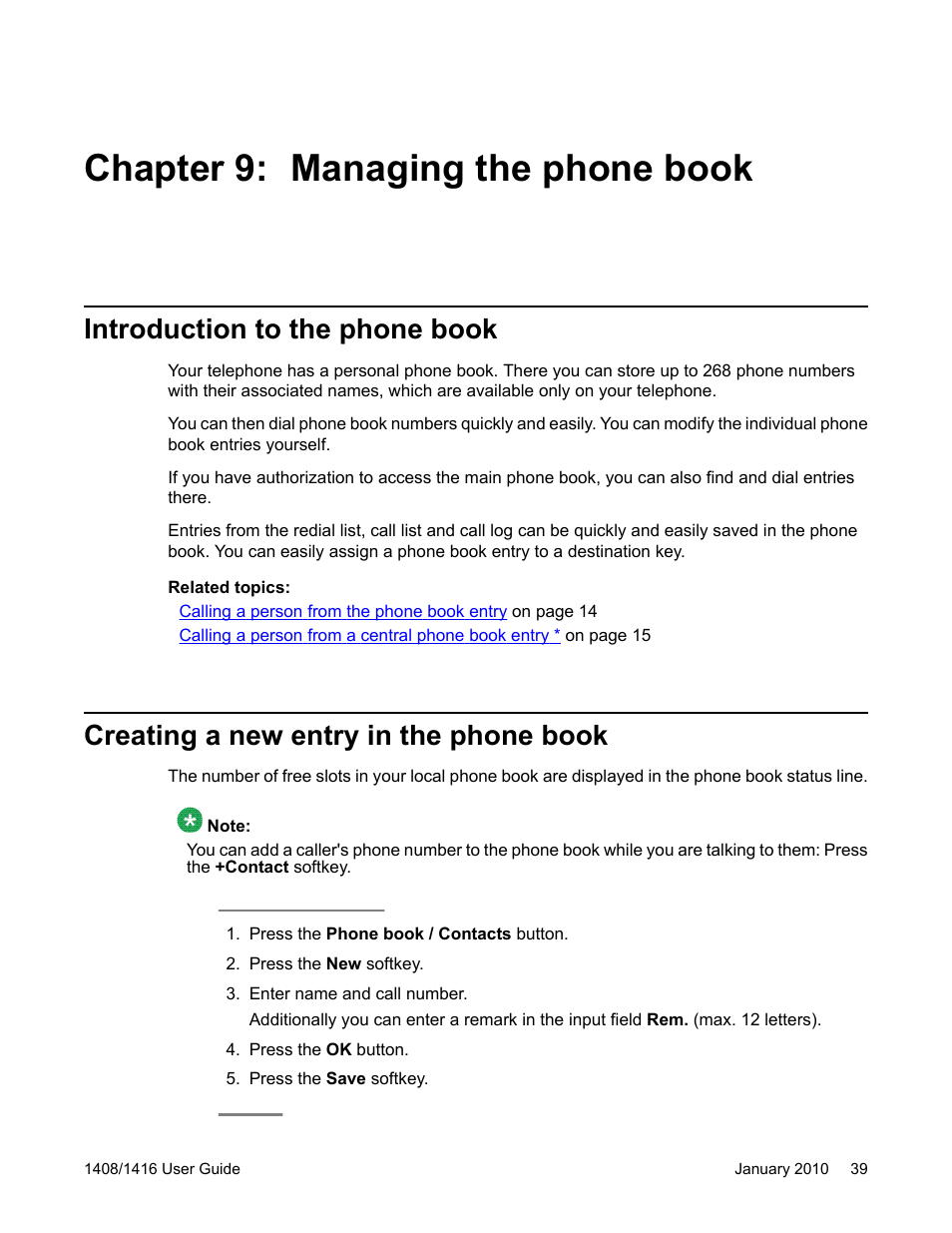 Chapter 9: managing the phone book, Introduction to the phone book, Creating a new entry in the phone book | Avaya 16-603463 User Manual | Page 39 / 118