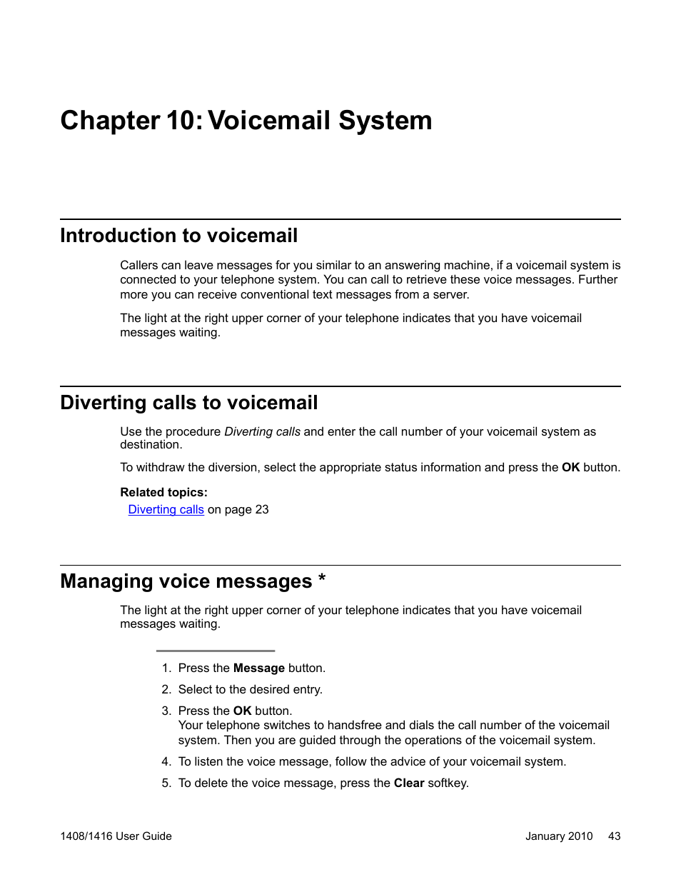 Chapter 10: voicemail system, Introduction to voicemail, Diverting calls to voicemail | Managing voice messages | Avaya 16-603463 User Manual | Page 43 / 118