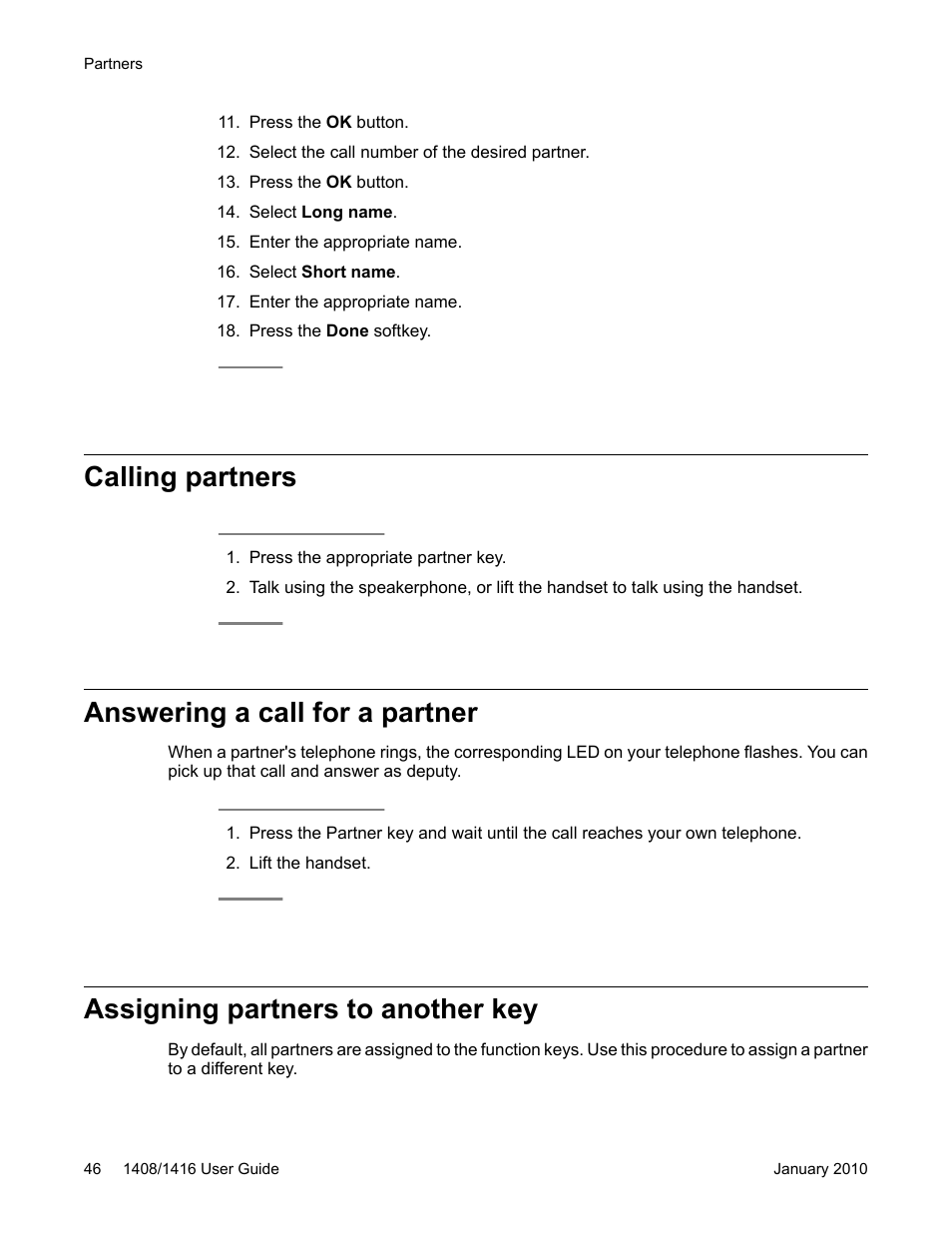 Calling partners, Answering a call for a partner, Assigning partners to another key | Avaya 16-603463 User Manual | Page 46 / 118