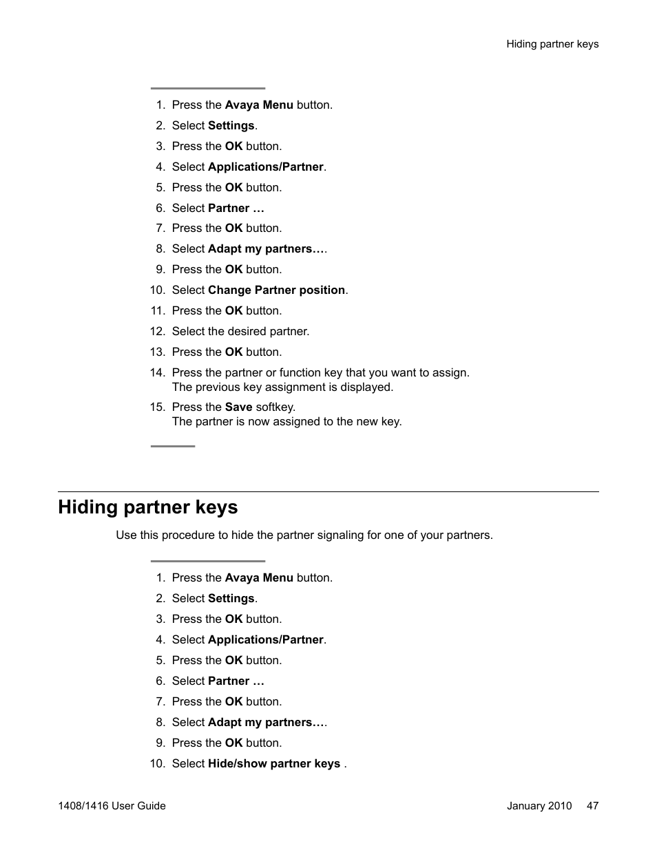 Hiding partner keys | Avaya 16-603463 User Manual | Page 47 / 118