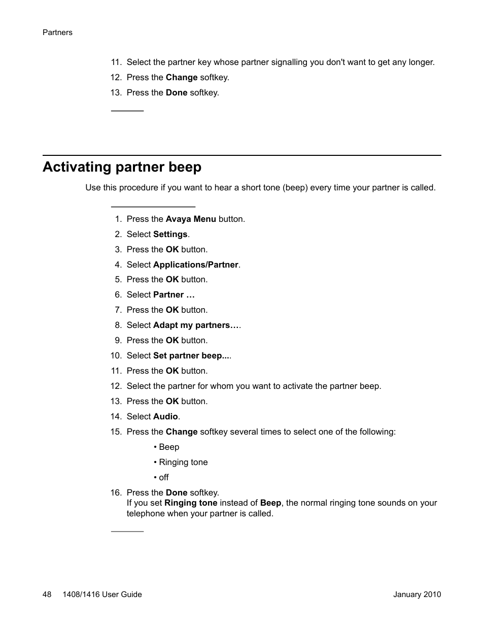 Activating partner beep | Avaya 16-603463 User Manual | Page 48 / 118